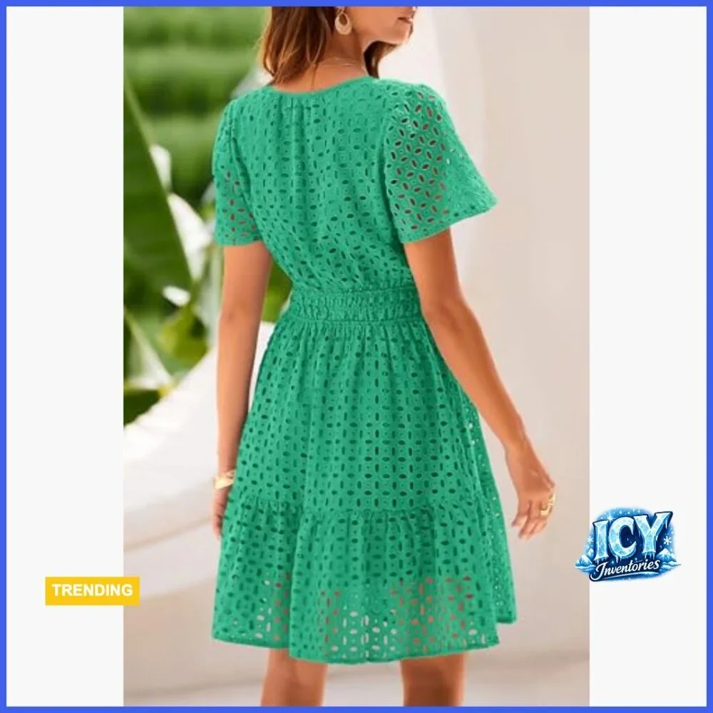 Cotton Hollow Out Lace V-Neck A-Line Mini Dress